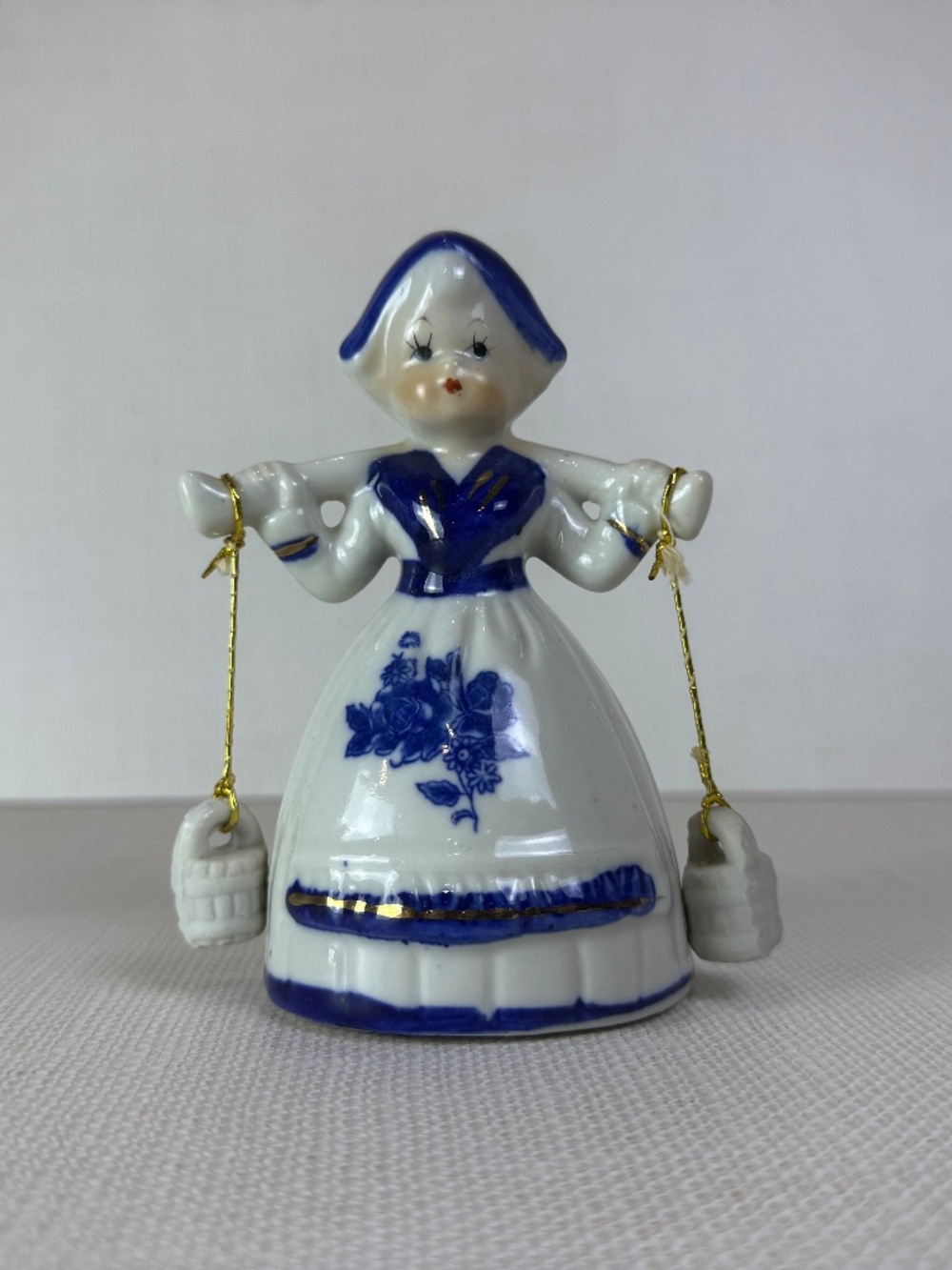 Vintage Porcelain Dutch Girl Figurine Bell Blue White Buckets Made in Taiwan